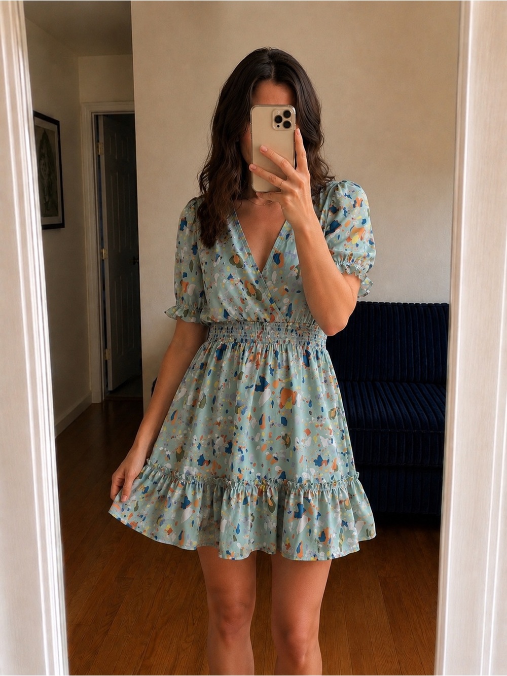 Abstract Print Smocked Waist Ruffle Hem Mini Dress